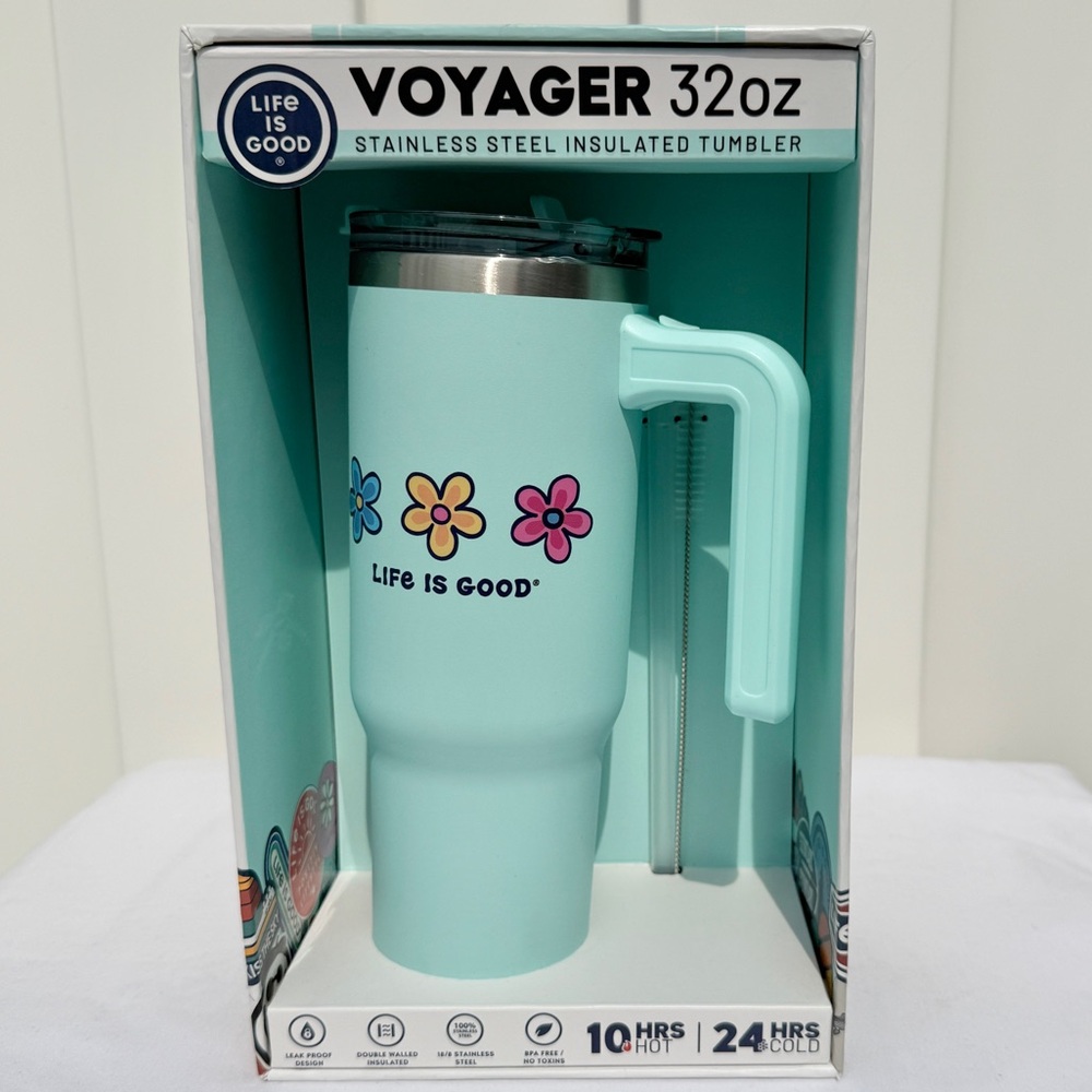 Life is Good Voyager 32 oz Aqua Stainless Steel Insulated Tumbler Flowers NEW